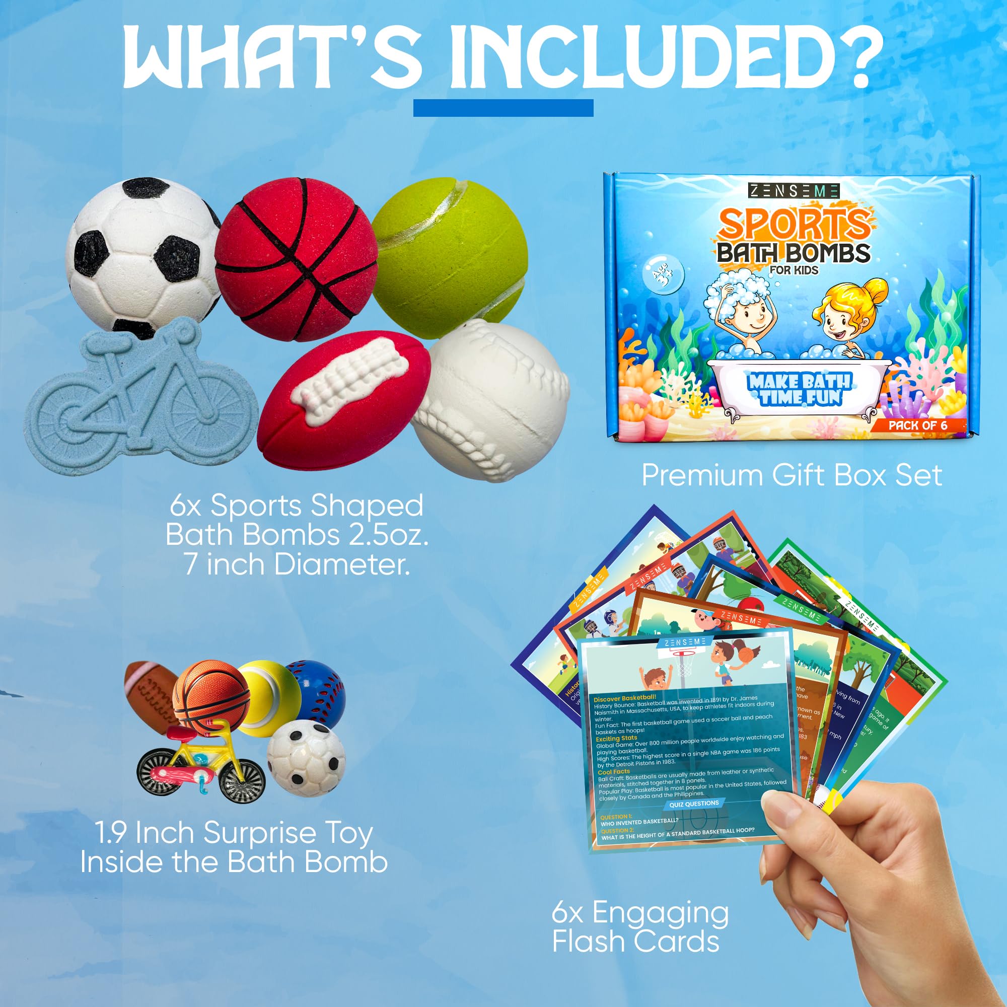 ZenseMe Bath Bombs for Kids — Sports Surprise Inside, 6 x 2.5 oz Gift Set with Educational Flash Cards, Organic Handmade