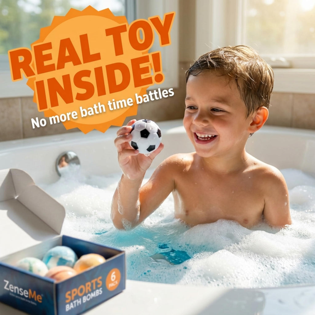 ZenseMe Bath Bombs for Kids — Sports Surprise Inside, 6 x 2.5 oz Gift Set with Educational Flash Cards, Organic Handmade