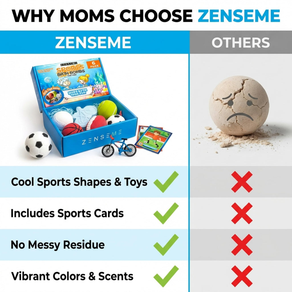 ZenseMe Bath Bombs for Kids — Sports Surprise Inside, 6 x 2.5 oz Gift Set with Educational Flash Cards, Organic Handmade