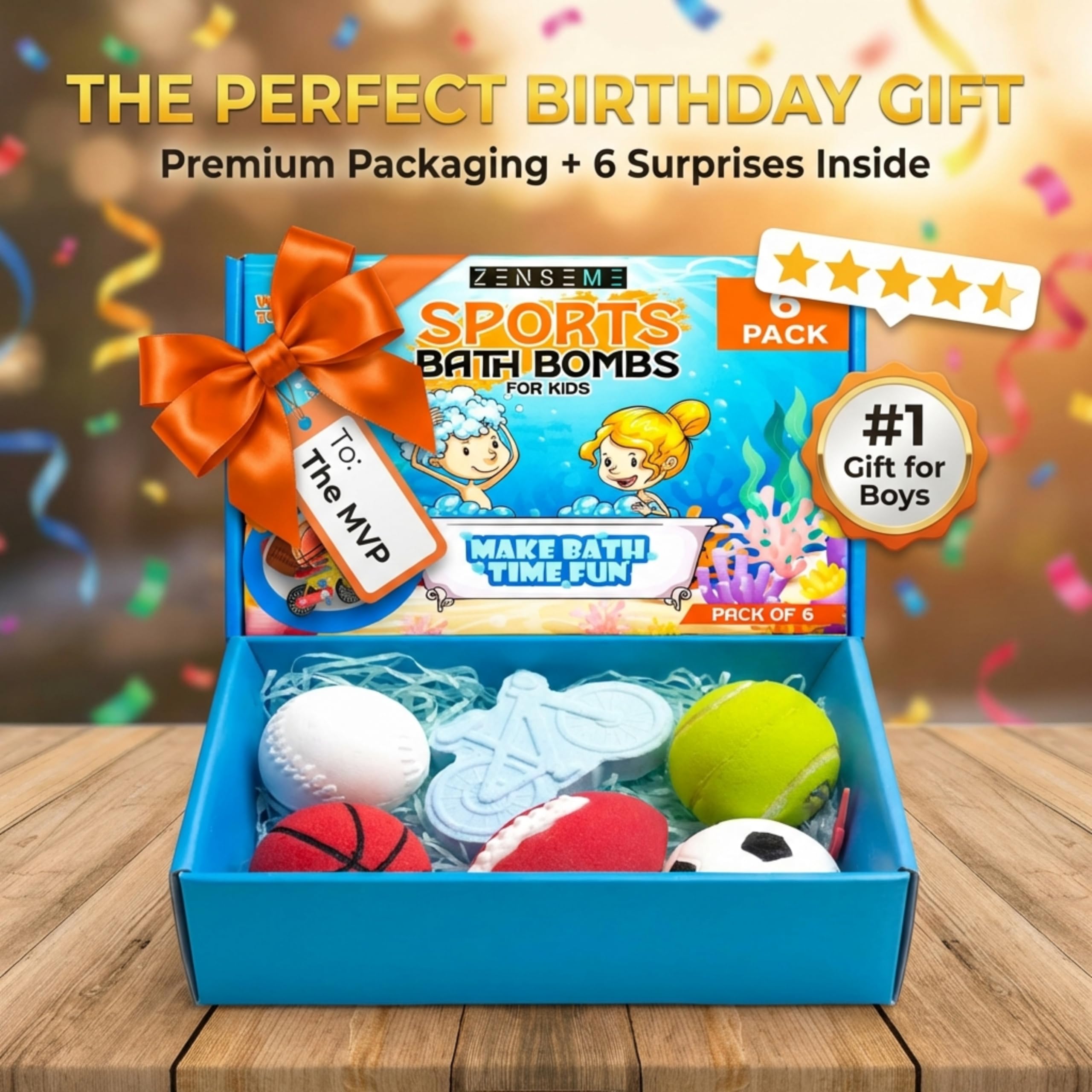 ZenseMe Bath Bombs for Kids — Sports Surprise Inside, 6 x 2.5 oz Gift Set with Educational Flash Cards, Organic Handmade