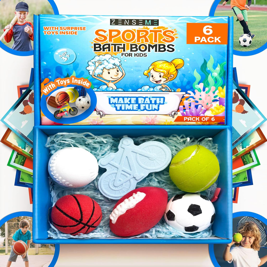 ZenseMe Bath Bombs for Kids — Sports Surprise Inside, 6 x 2.5 oz Gift Set with Educational Flash Cards, Organic Handmade