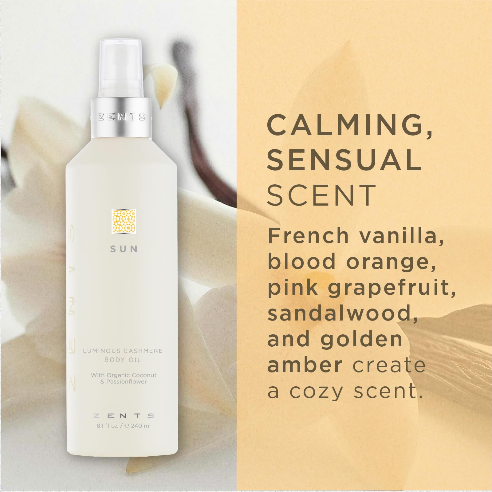 Zents Luminous Cashmere Body Oil (Sun Fragrance) | Moisturizing Oil with Vitamin E & Organic Coconut Oil | 8 oz
