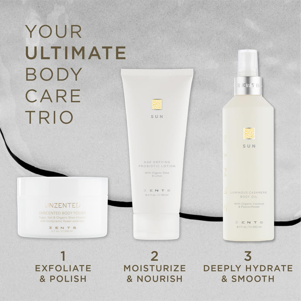 Zents Luminous Cashmere Body Oil (Sun Fragrance) | Moisturizing Oil with Vitamin E & Organic Coconut Oil | 8 oz