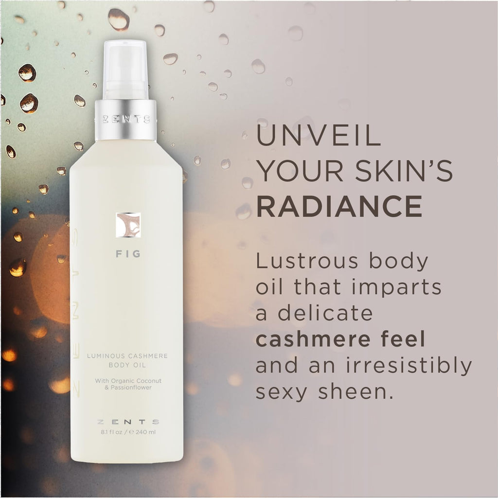 Zents Luminous Cashmere Body Oil – Fig Fragrance | Hydrating Oil with Vitamin E & Coconut Oil | 8 oz