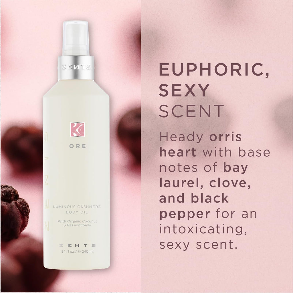 Zents Luminous Cashmere Body Oil (Ore Fragrance) – Moisturizing Oil with Vitamin E & Organic Coconut Oil | 8 oz