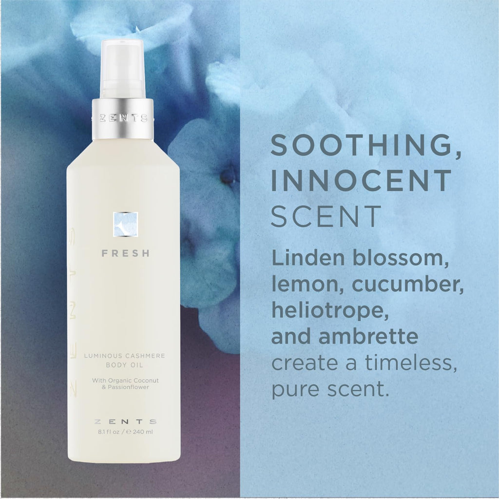 ZENTS Luminous Cashmere Body Oil (Fresh Fragrance) – Moisturizing Oil with Vitamin E & Organic Coconut Oil | Softens & Smooths Skin | 8 fl oz