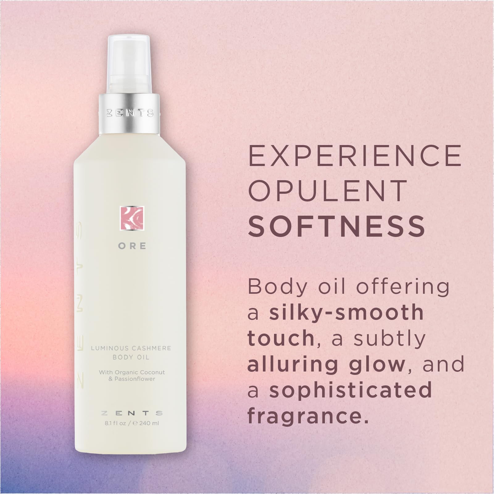 Zents Luminous Cashmere Body Oil (Ore Fragrance) – Moisturizing Oil with Vitamin E & Organic Coconut Oil | 8 oz