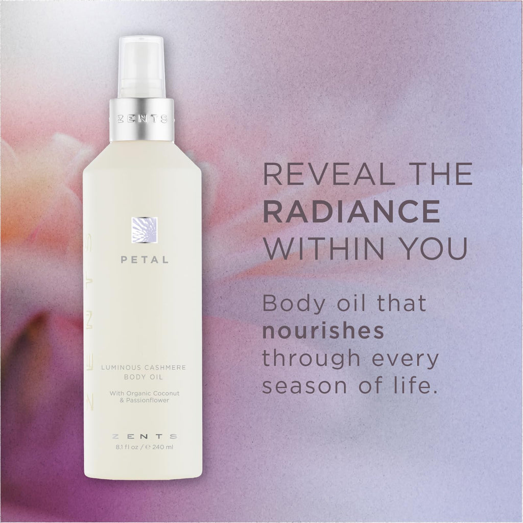 Zents Luminous Cashmere Body Oil – Petal Fragrance, 8 oz | Hydrating Coconut Oil & Vitamin E
