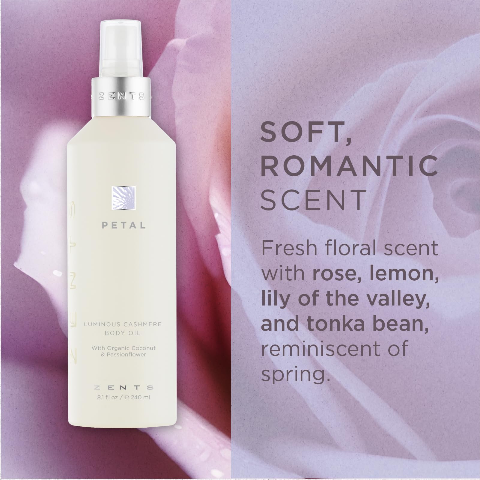 Zents Luminous Cashmere Body Oil – Petal Fragrance, 8 oz | Hydrating Coconut Oil & Vitamin E