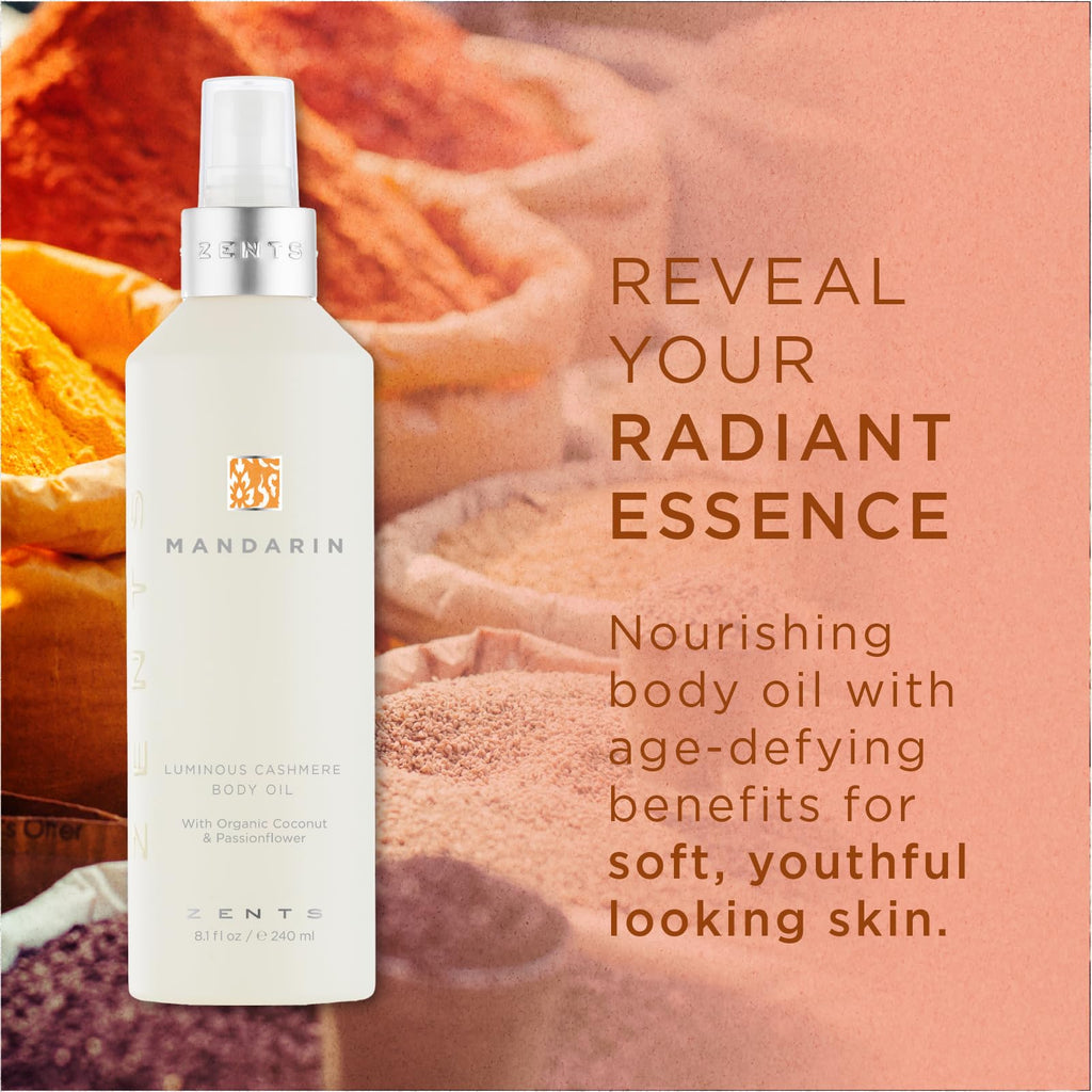 Zents Luminous Cashmere Body Oil – Mandarin Fragrance | Hydrating Body Oil with Vitamin E & Organic Coconut Oil | Softens & Smooths Skin | 8 fl oz