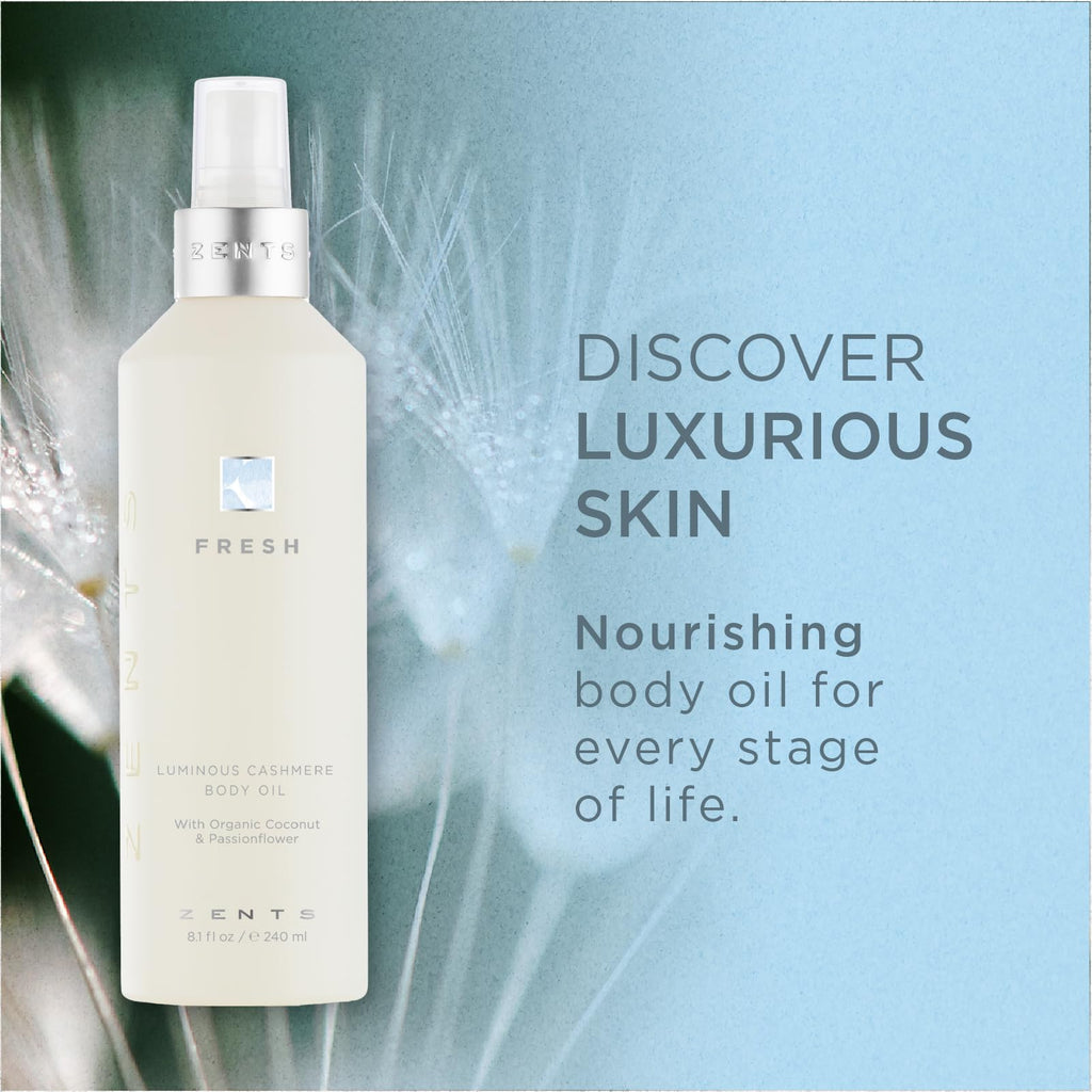 ZENTS Luminous Cashmere Body Oil (Fresh Fragrance) – Moisturizing Oil with Vitamin E & Organic Coconut Oil | Softens & Smooths Skin | 8 fl oz