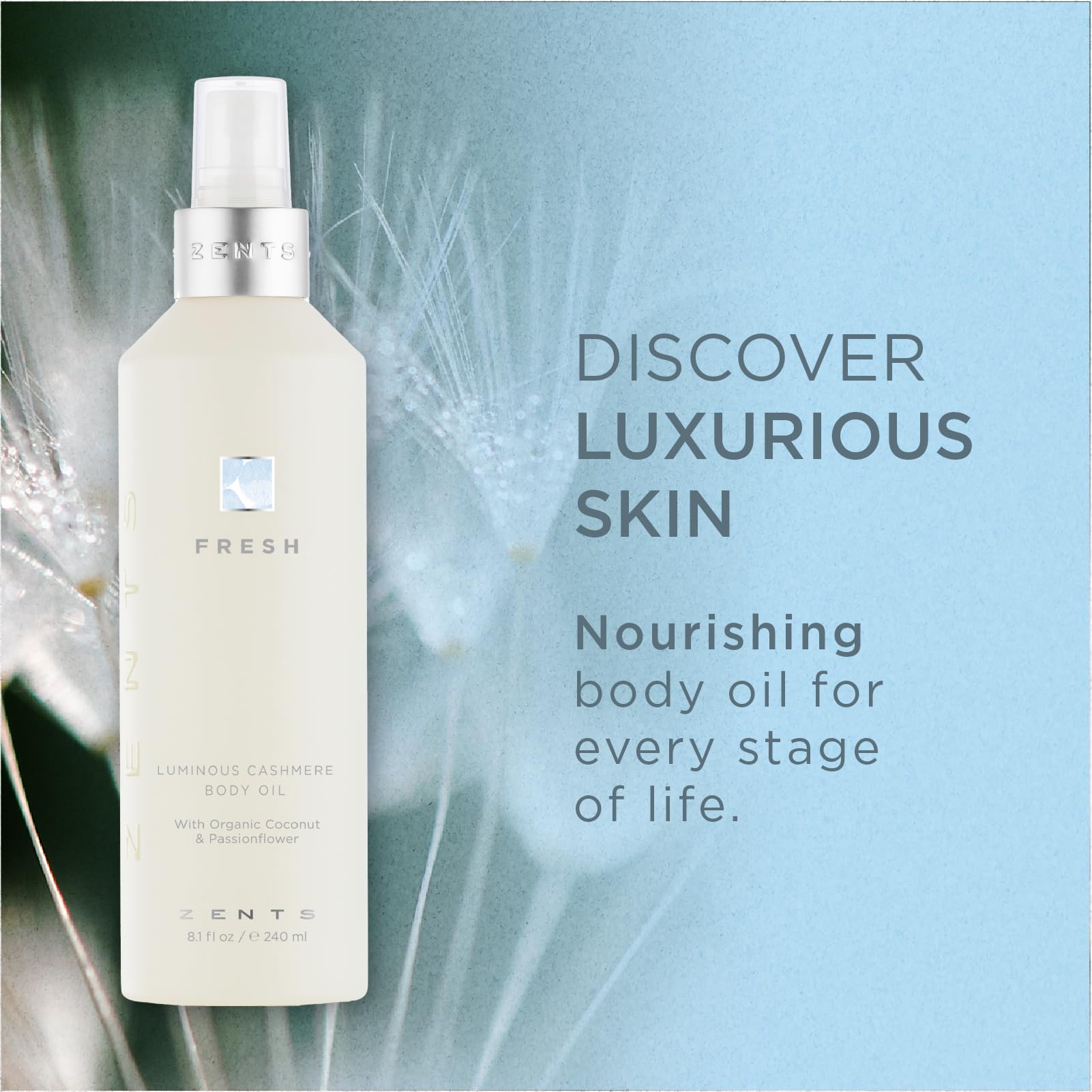 ZENTS Luminous Cashmere Body Oil (Fresh Fragrance) – Moisturizing Oil with Vitamin E & Organic Coconut Oil | Softens & Smooths Skin | 8 fl oz