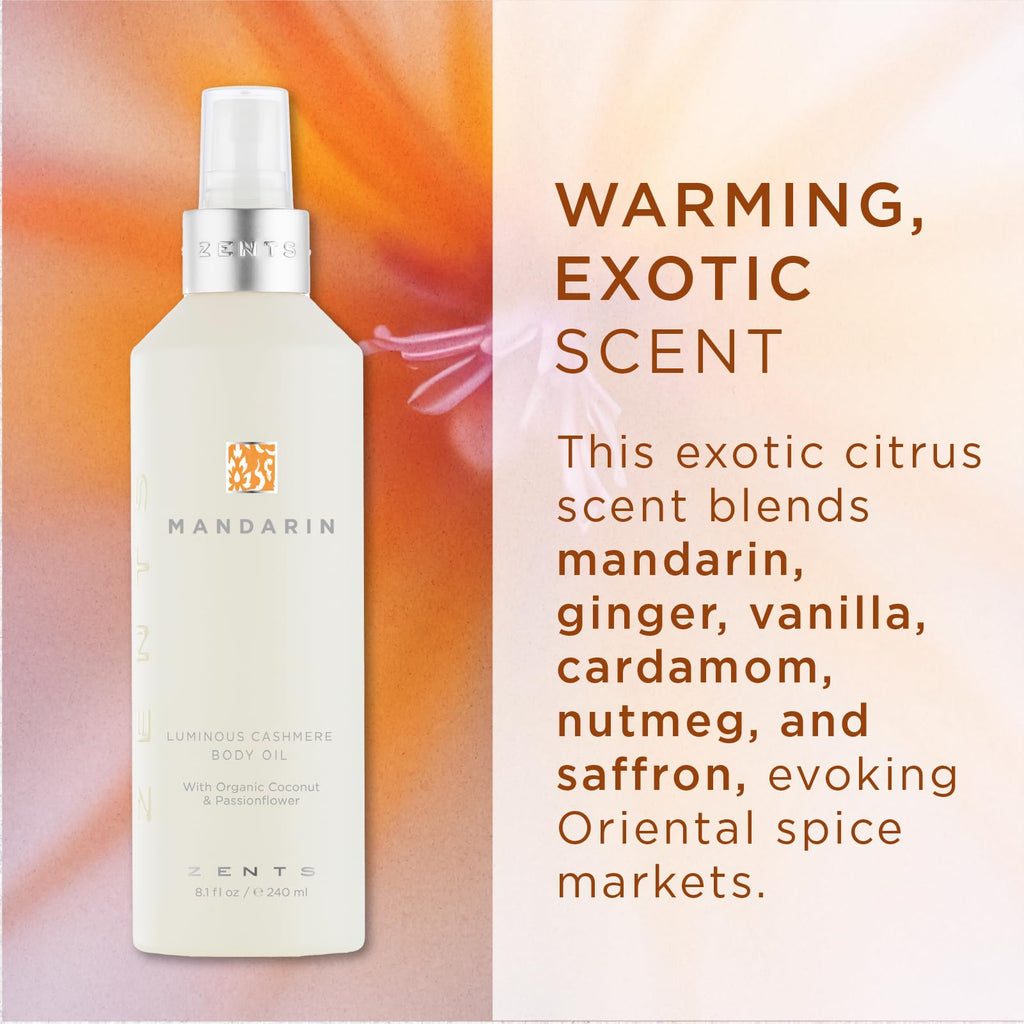 Zents Luminous Cashmere Body Oil – Mandarin Fragrance | Hydrating Body Oil with Vitamin E & Organic Coconut Oil | Softens & Smooths Skin | 8 fl oz