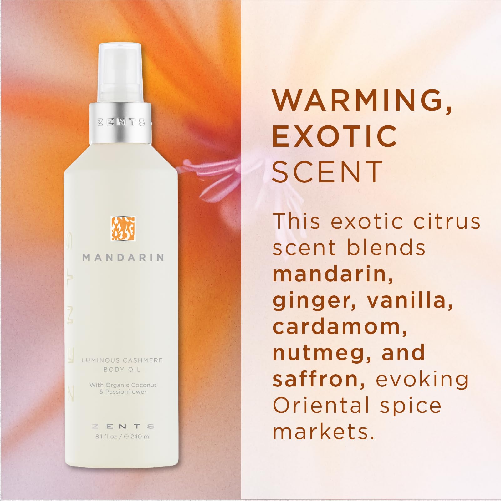 Zents Luminous Cashmere Body Oil – Mandarin Fragrance | Hydrating Body Oil with Vitamin E & Organic Coconut Oil | Softens & Smooths Skin | 8 fl oz