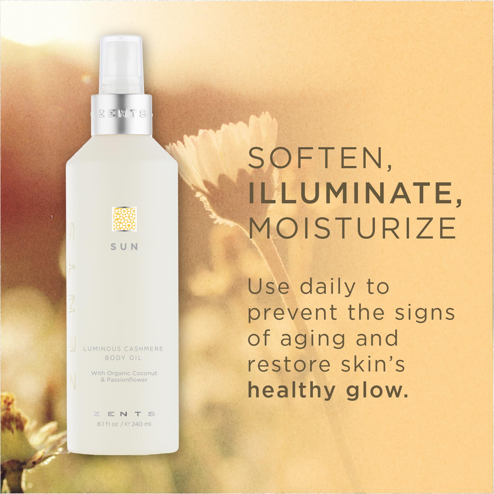 Zents Luminous Cashmere Body Oil (Sun Fragrance) | Moisturizing Oil with Vitamin E & Organic Coconut Oil | 8 oz