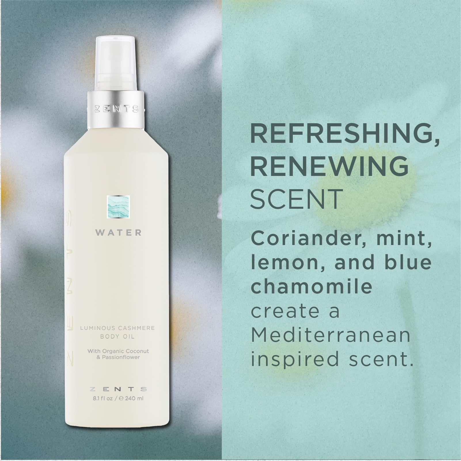Zents Luminous Cashmere Body Oil (Water Fragrance) | Hydrating Oil with Vitamin E & Organic Coconut | 8 oz