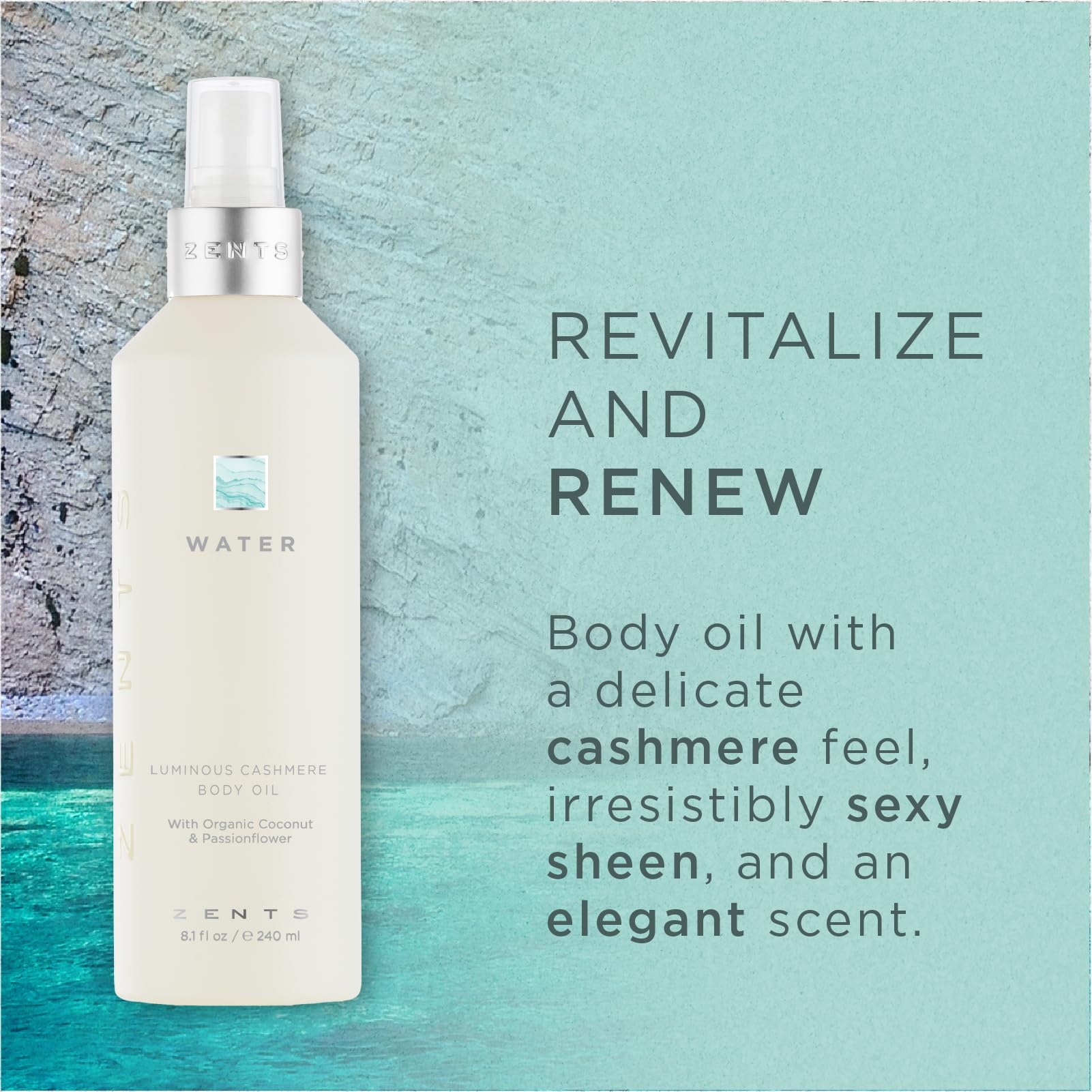 Zents Luminous Cashmere Body Oil (Water Fragrance) | Hydrating Oil with Vitamin E & Organic Coconut | 8 oz