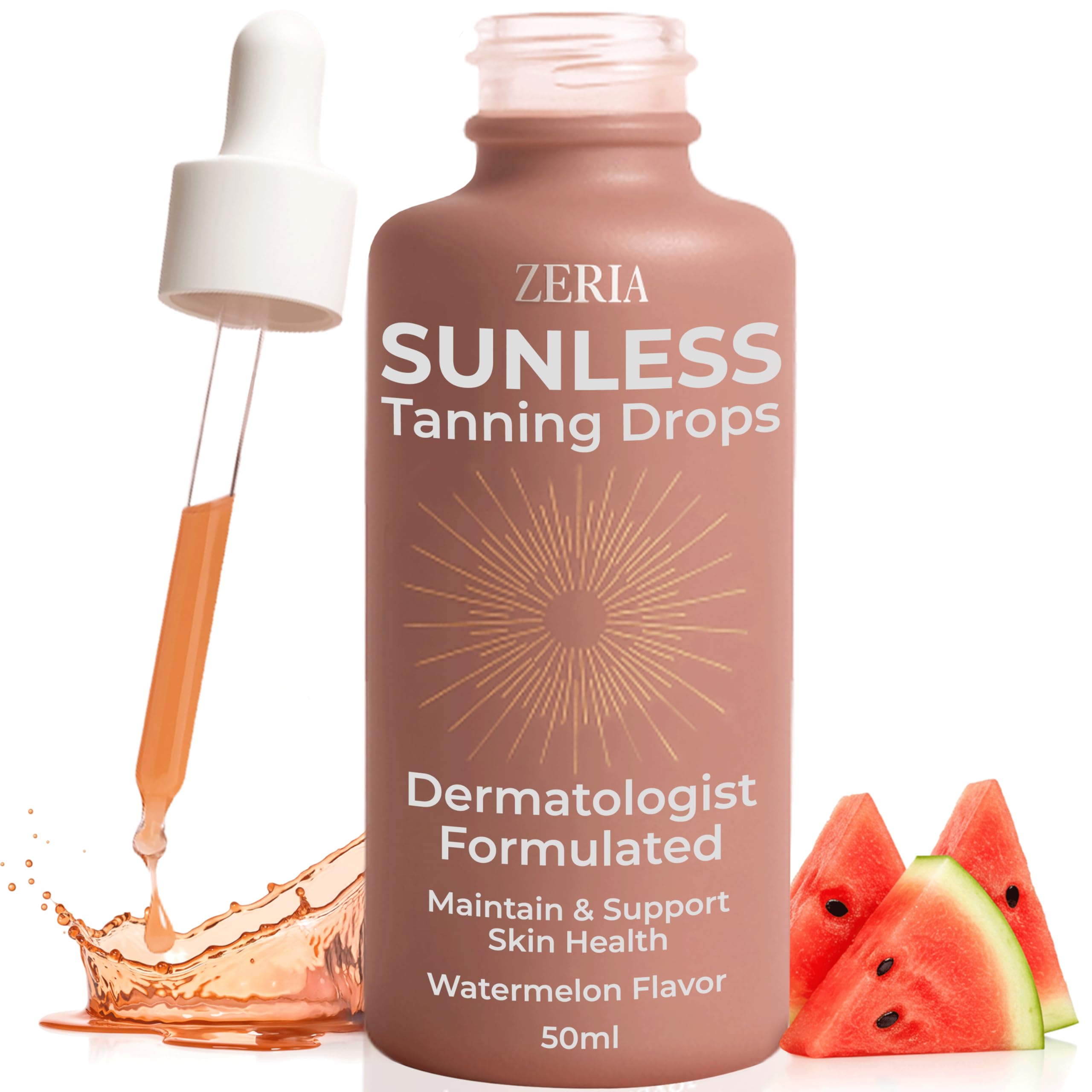 Zeria Tanning Drops to Drink – Vegan Edible Self Tanner with Watermelon Flavor (50mL) – Natural Glow