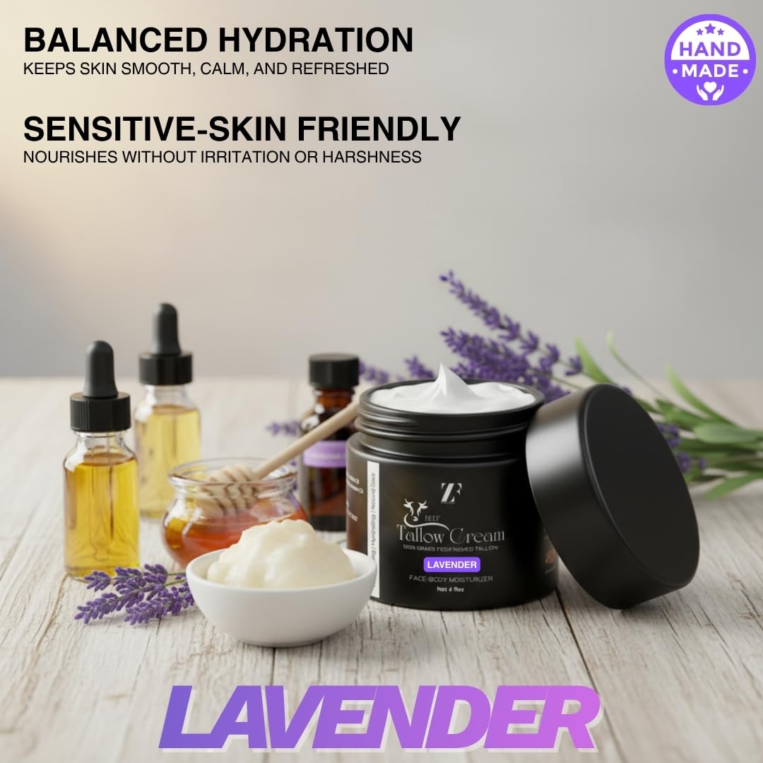 ZESTIQ FOODS ZF 100% Grass-Fed Beef Tallow – Lavender Whipped Moisturizer for Face & Body