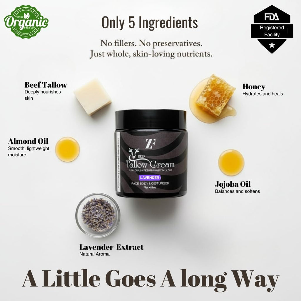 ZESTIQ FOODS ZF 100% Grass-Fed Beef Tallow – Lavender Whipped Moisturizer for Face & Body