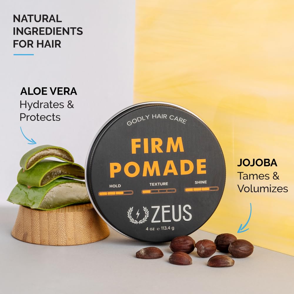 ZEUS Firm Hold Water-Based Pomade for Men – All-Day Barbershop Hold, Natural Shine (USA) 4 oz