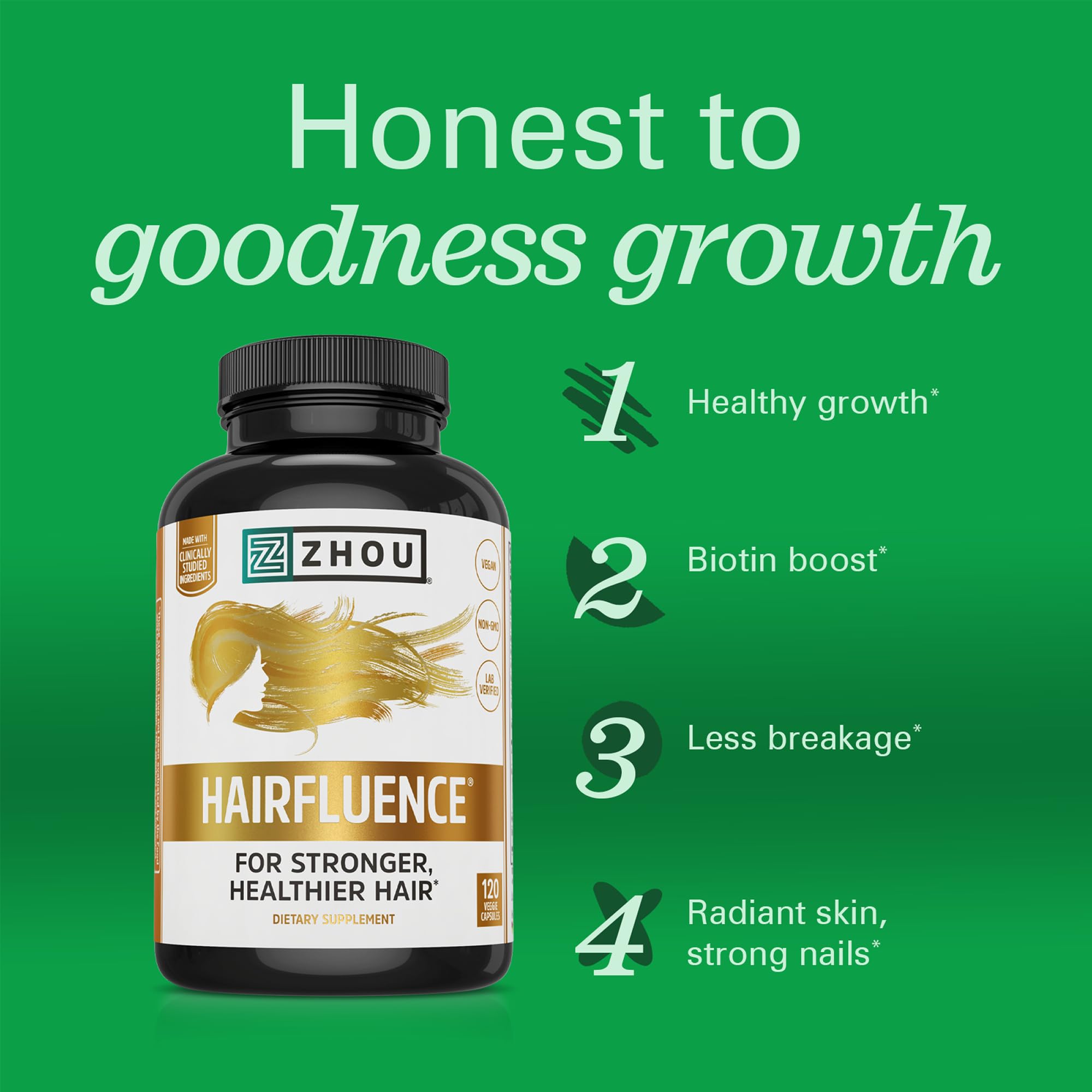 ZHOU Hairfluence – Vegan Biotin & Keranat Hair Growth Supplement for Hair, Skin & Nails | 120 Capsules