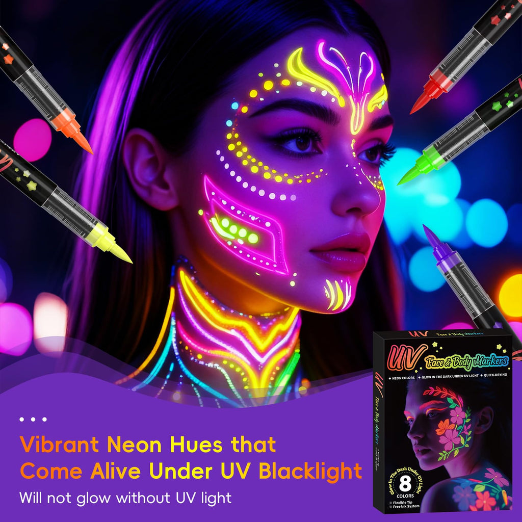 Zijimyyl Glow in the Dark Body Paint Kit — Neon UV Face Markers, 8 Colors, Washable