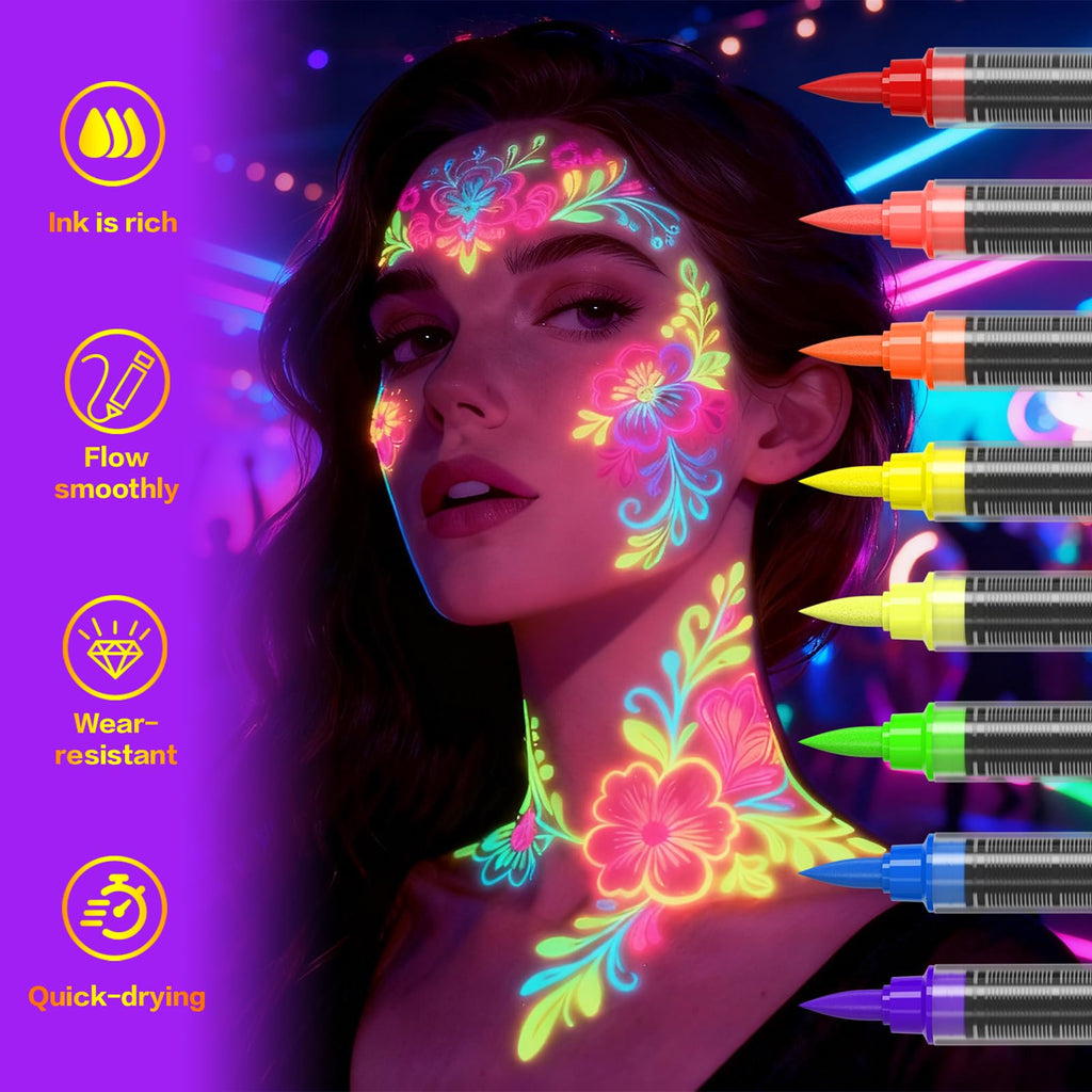 Zijimyyl Glow in the Dark Body Paint Kit — Neon UV Face Markers, 8 Colors, Washable