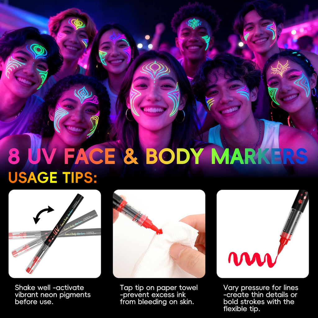 Zijimyyl Glow in the Dark Body Paint Kit — Neon UV Face Markers, 8 Colors, Washable