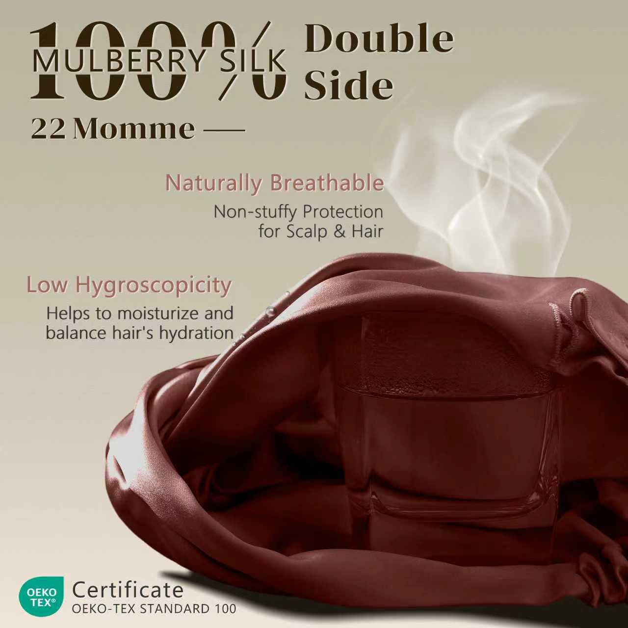 ZIMASILK 22 Momme Silk Bonnet – 100% Mulberry Silk Hair Wrap with Adjustable Elastic Bar, Burgundy