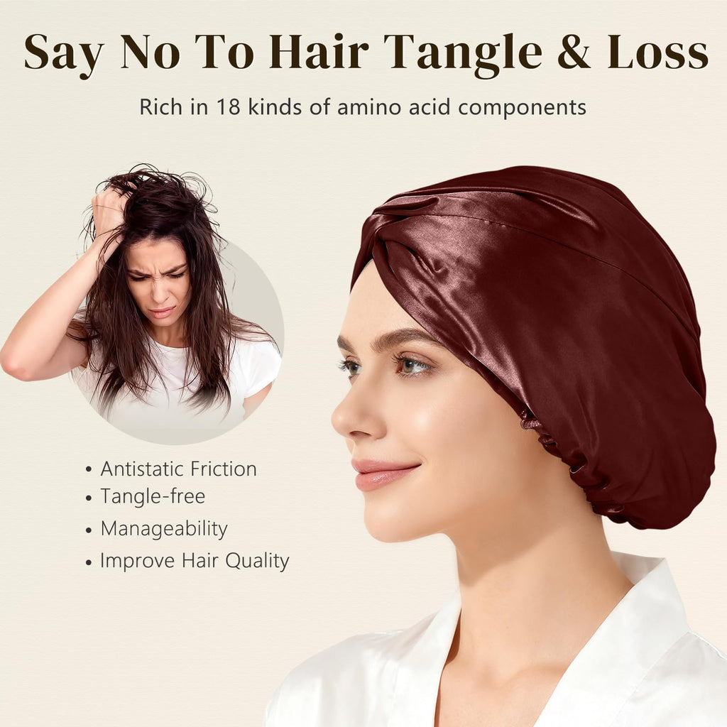ZIMASILK 22 Momme Silk Bonnet – 100% Mulberry Silk Hair Wrap with Adjustable Elastic Bar, Burgundy