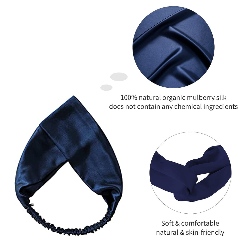 ZIMASILK 100% Mulberry Silk Headband – Non-Slip Turban, Navy Blue
