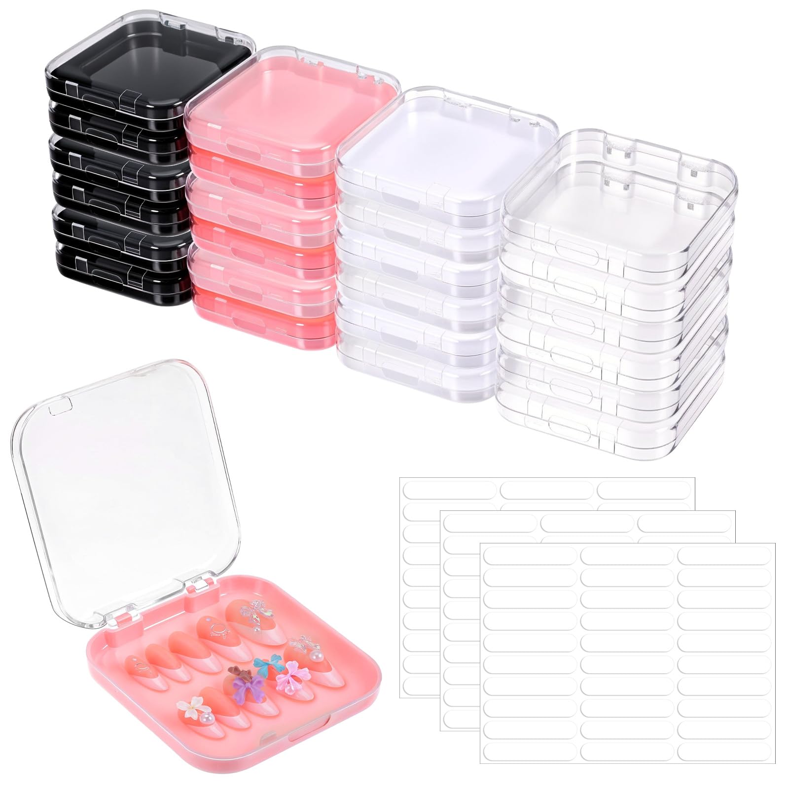 Zisiueel 24pcs Nails Packaging Boxes with Double-Sided Adhesive Tape – Acrylic Display Storage in 4 Colors