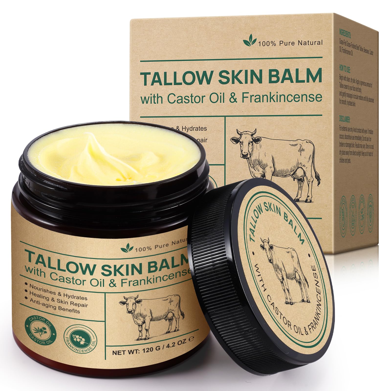 ZIXAOK 100% Grass-Fed Tallow Face Balm with Castor & Frankincense – Sensitive Skin Moisturizer, 4.2oz