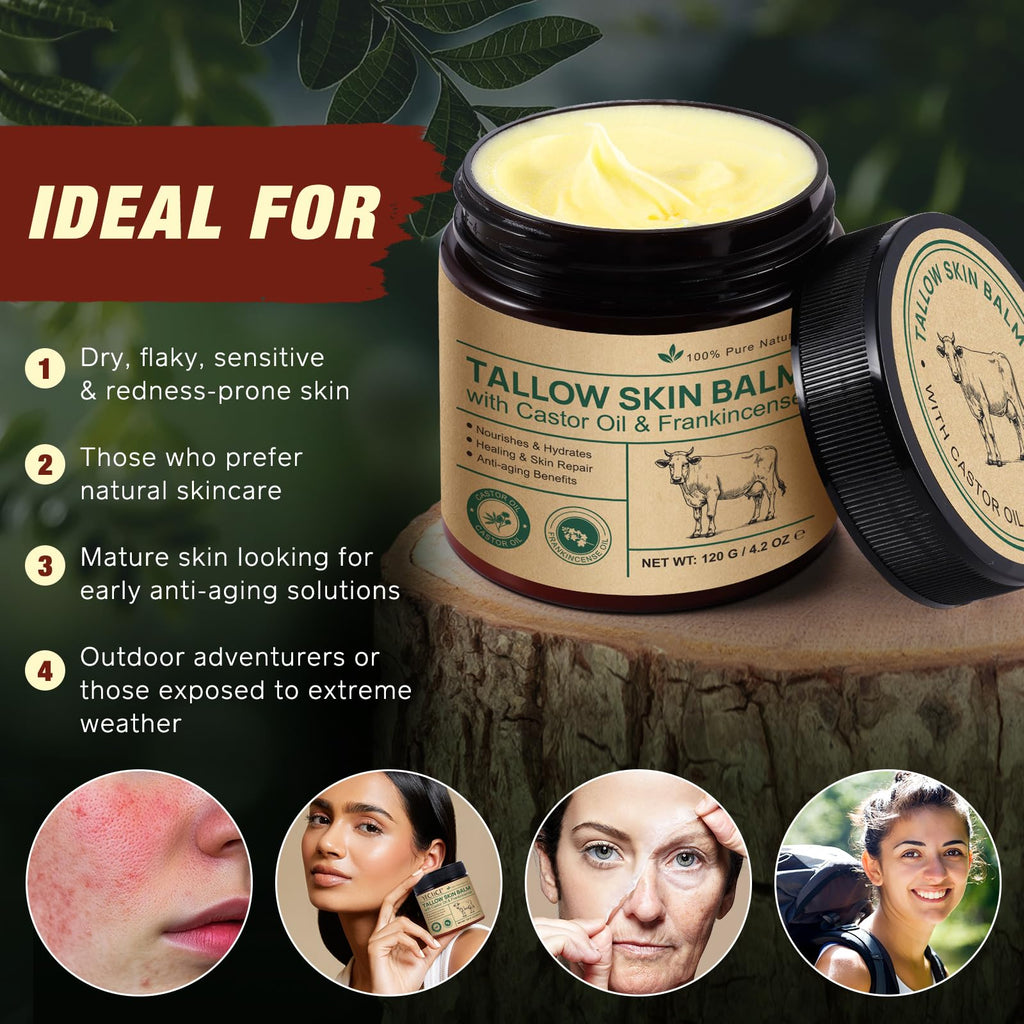 ZIXAOK 100% Grass-Fed Tallow Face Balm with Castor & Frankincense – Sensitive Skin Moisturizer, 4.2oz