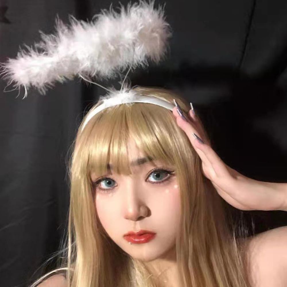 ZSPERKLA Angel Halo Headband – White Feather, Fluffy Angel Hair for Halloween & Cosplay