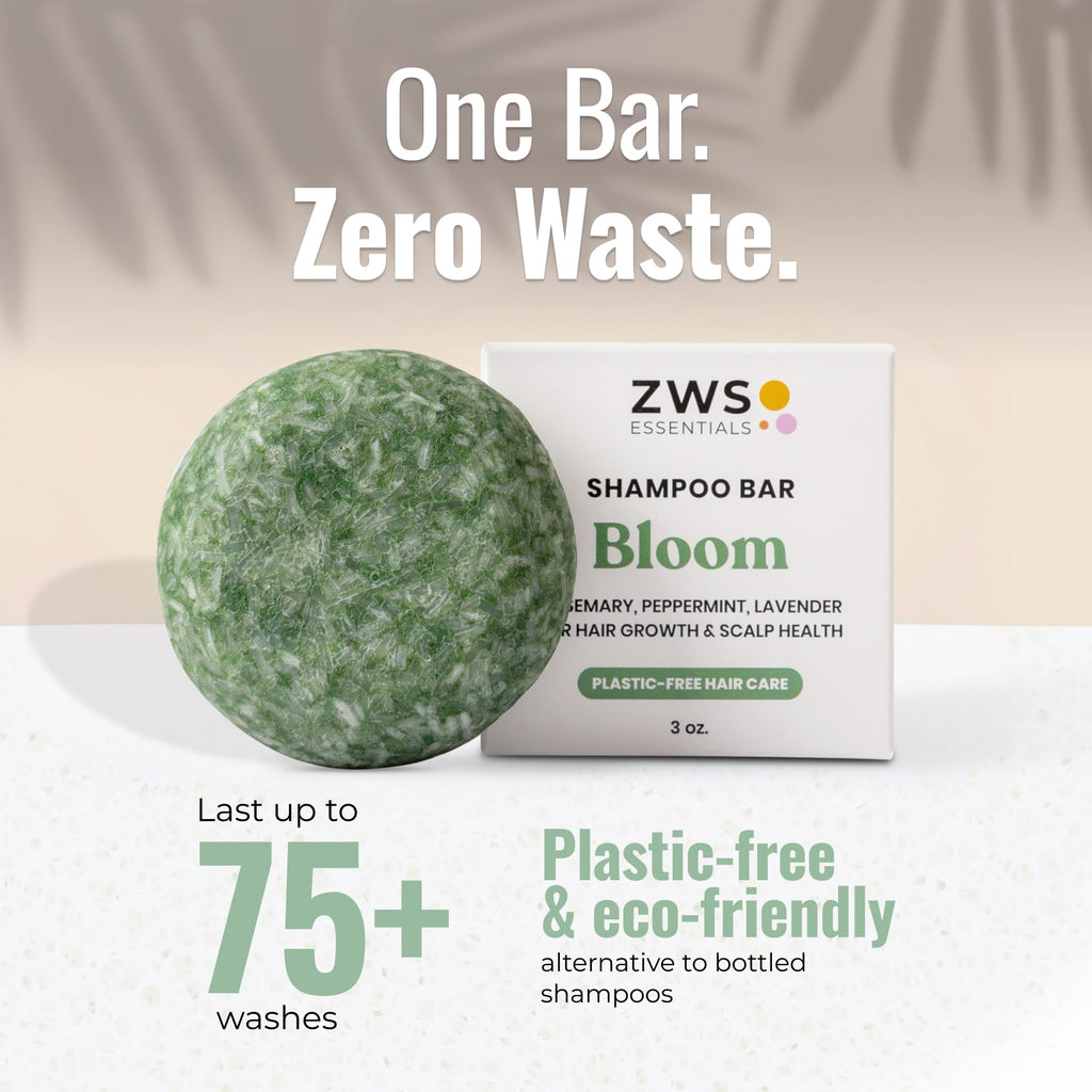 ZWS Essentials Bloom Shampoo Bar - Vegan Solid Hair Cleanser with Rosemary, Lavender & Peppermint | Travel-Friendly & Zero Waste