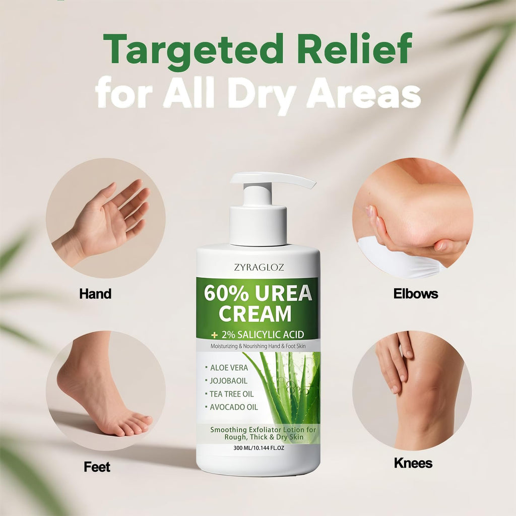 ZyraGloz 60% Urea Cream with 2% Salicylic Acid – Maximum Strength Foot & Hand Moisturizer (10.1 fl oz)