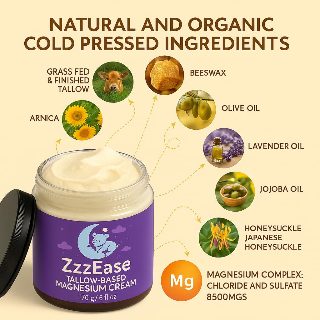 ZzzEase Magnesium Lotion for Kids | Tallow-Based Sleep Support with Lavender | 6 oz | Made in USA, 3 Month Supply