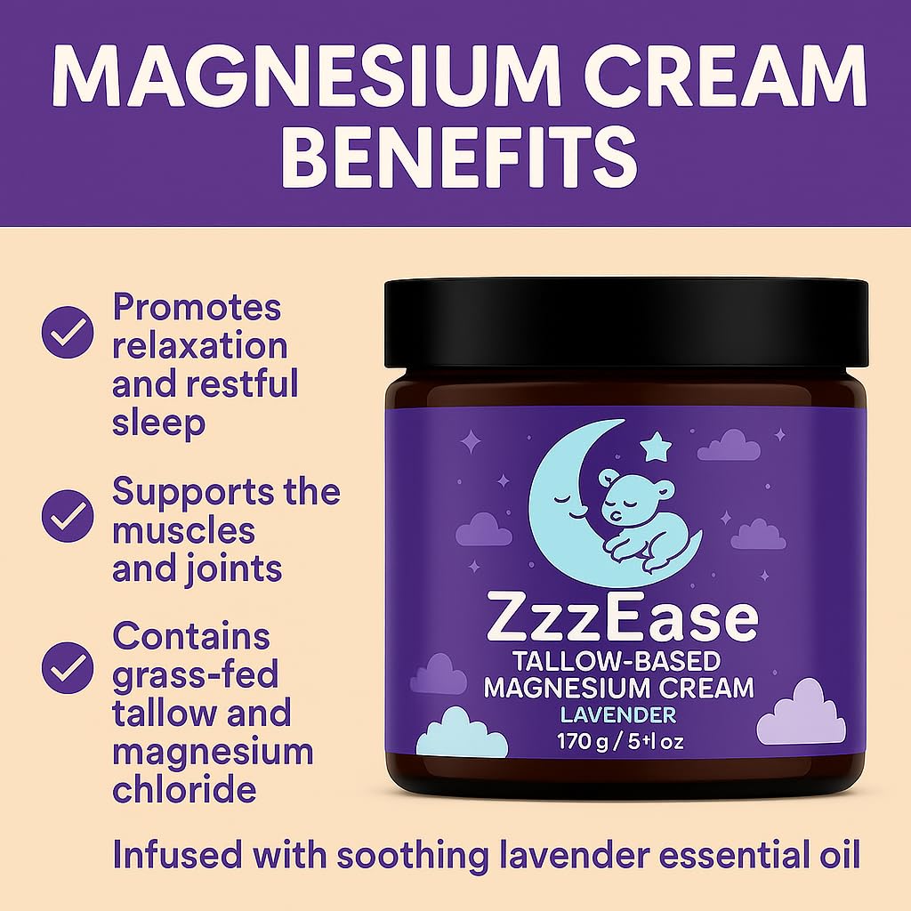 ZzzEase Magnesium Lotion for Kids | Tallow-Based Sleep Support with Lavender | 6 oz | Made in USA, 3 Month Supply
